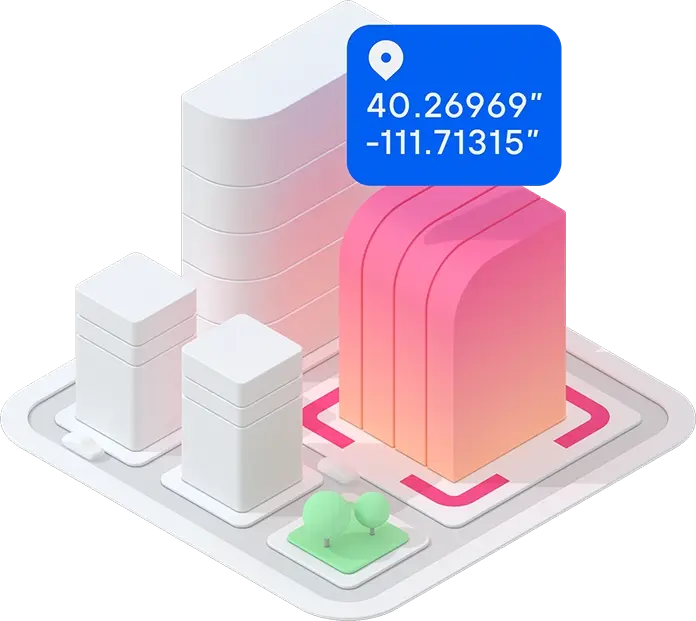 Isometric illustration of a digital drawing pad with a stylized map, featuring a stylus drawing on it and minimalist buildings, representing address autocomplete functionality.
